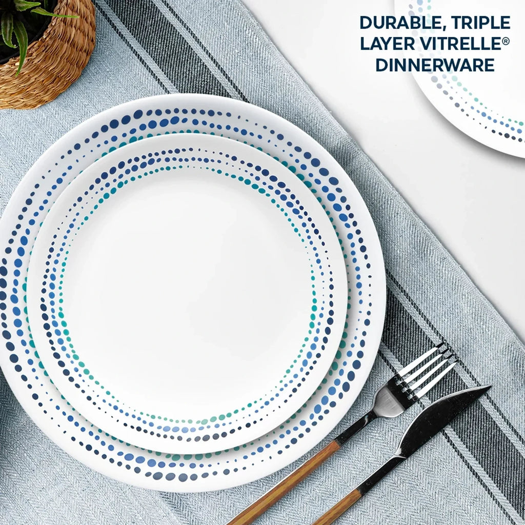 16-Piece Mugless Glass Dinnerware Set - Blue Dots