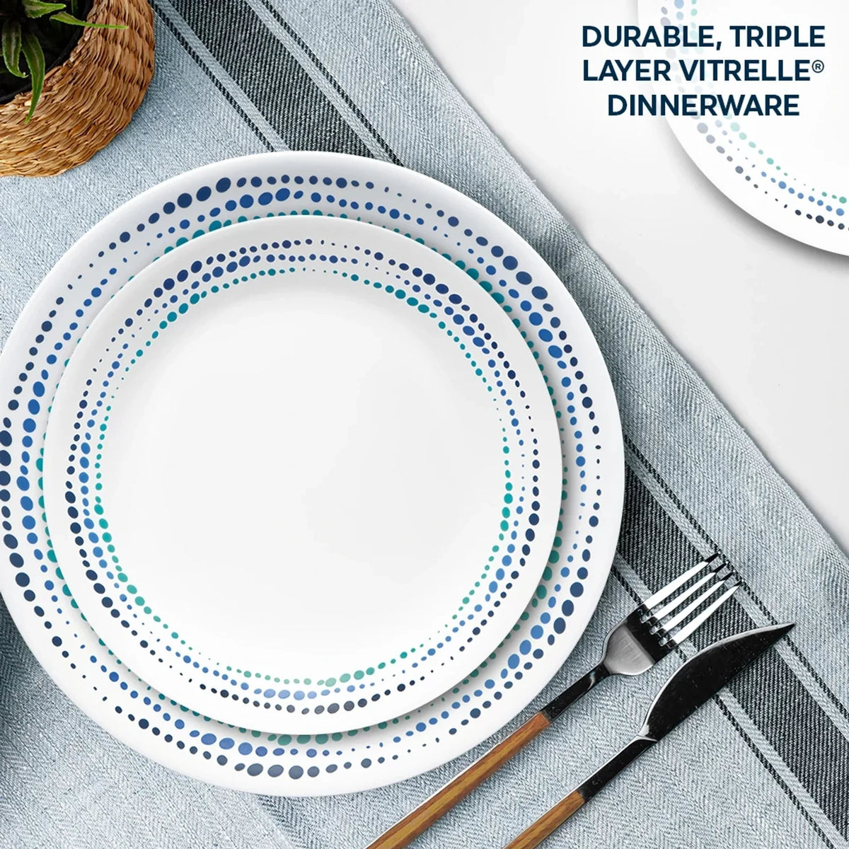 16-Piece Mugless Glass Dinnerware Set - Blue Dots