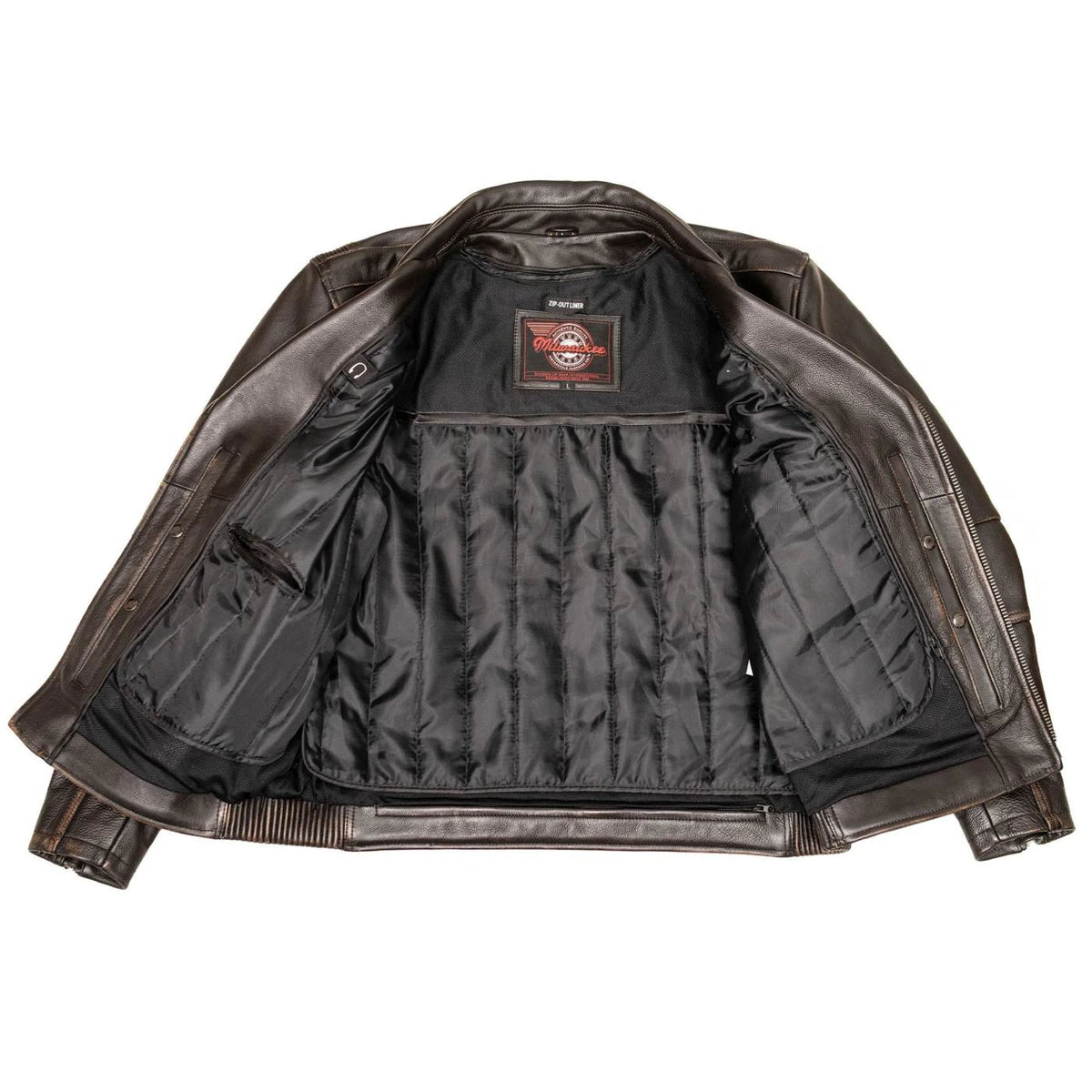 Men's Lapel Collar Leather Motorcycle Jacket - Brown