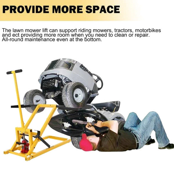 Lawn Mower Lift With Hydraulic Jack, 26 Inches, 500 LBS Capacity, Yellow - PHO_13L5VR2X2L