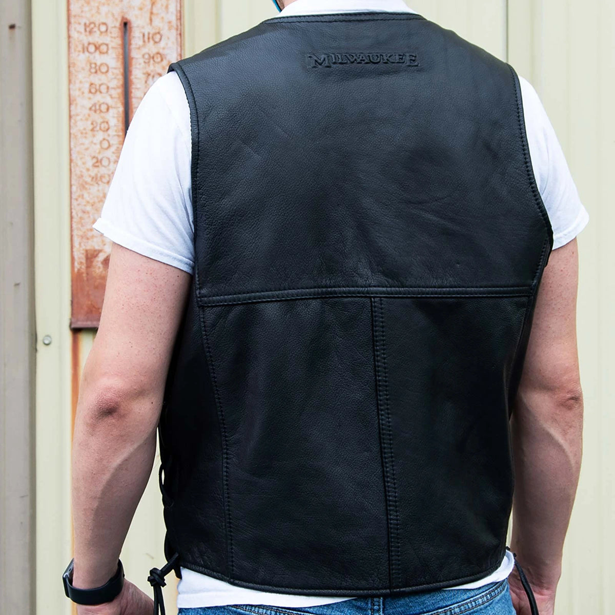 Men's Side-Laced Cowhide Motorcycle Vest - Black