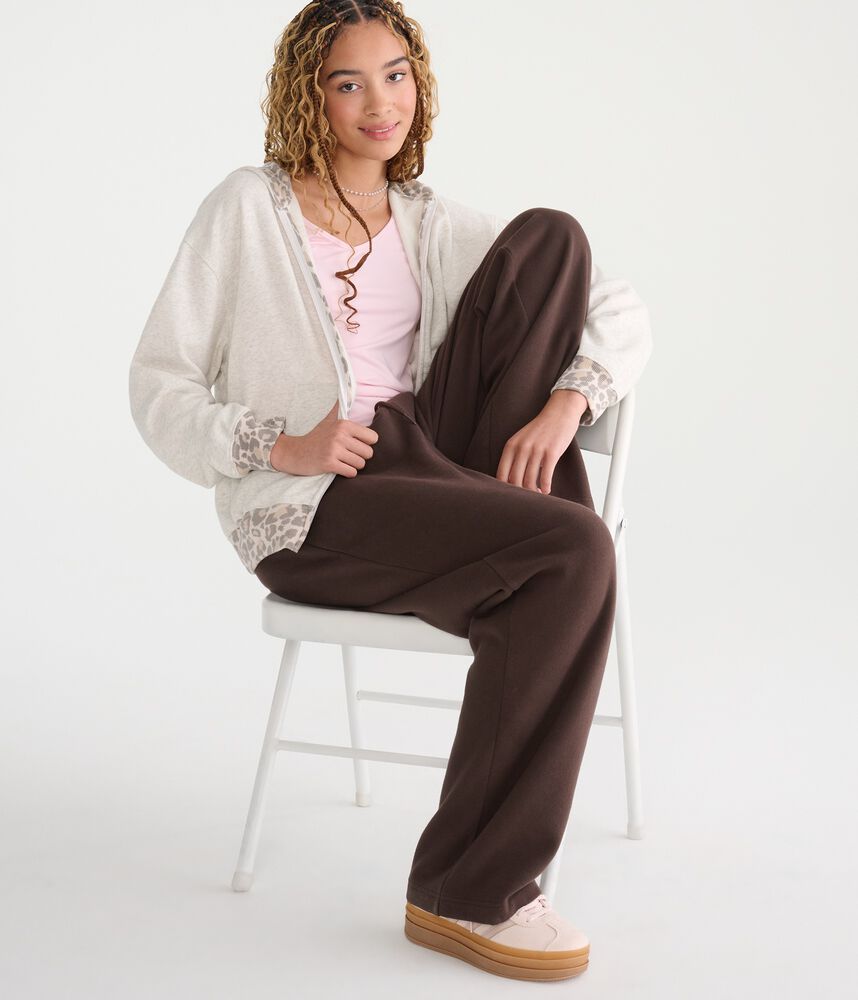 Oversized Leopard-Trim Full-Zip Fleece Hoodie