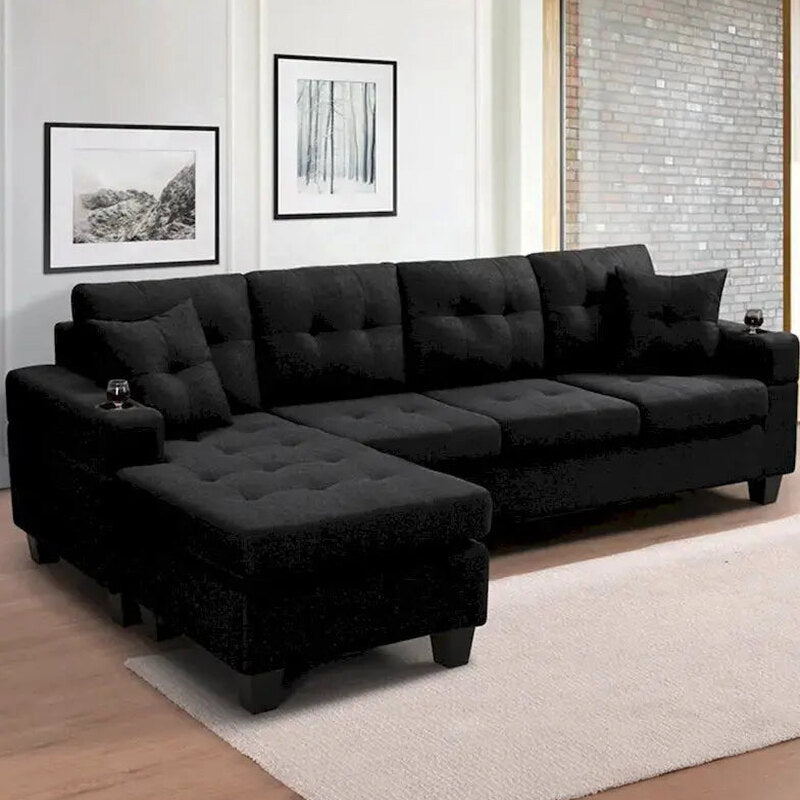 Contemporary L-Shaped Sectional Sofa With Cup Holders, Storage Chaise, Grey Or Black