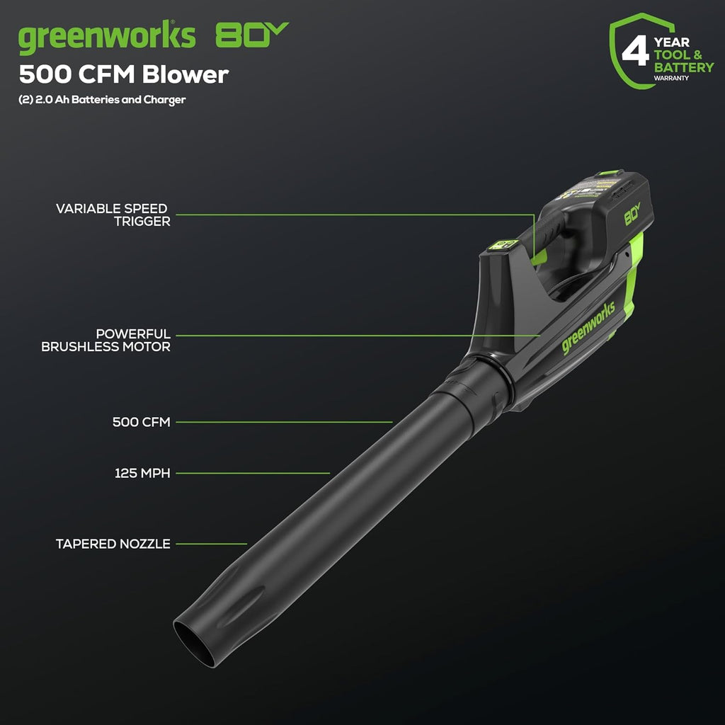 Greenworks 80V 21in Brushless Push Lawn Mower, 500 CFM Blower And 13in String Trimmer - 2 x 2.0Ah Batteries