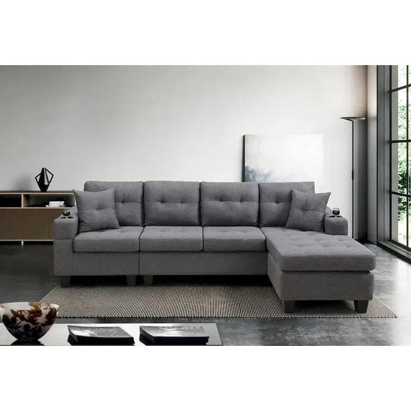 Contemporary L-Shaped Sectional Sofa With Cup Holders, Storage Chaise, Grey Or Black