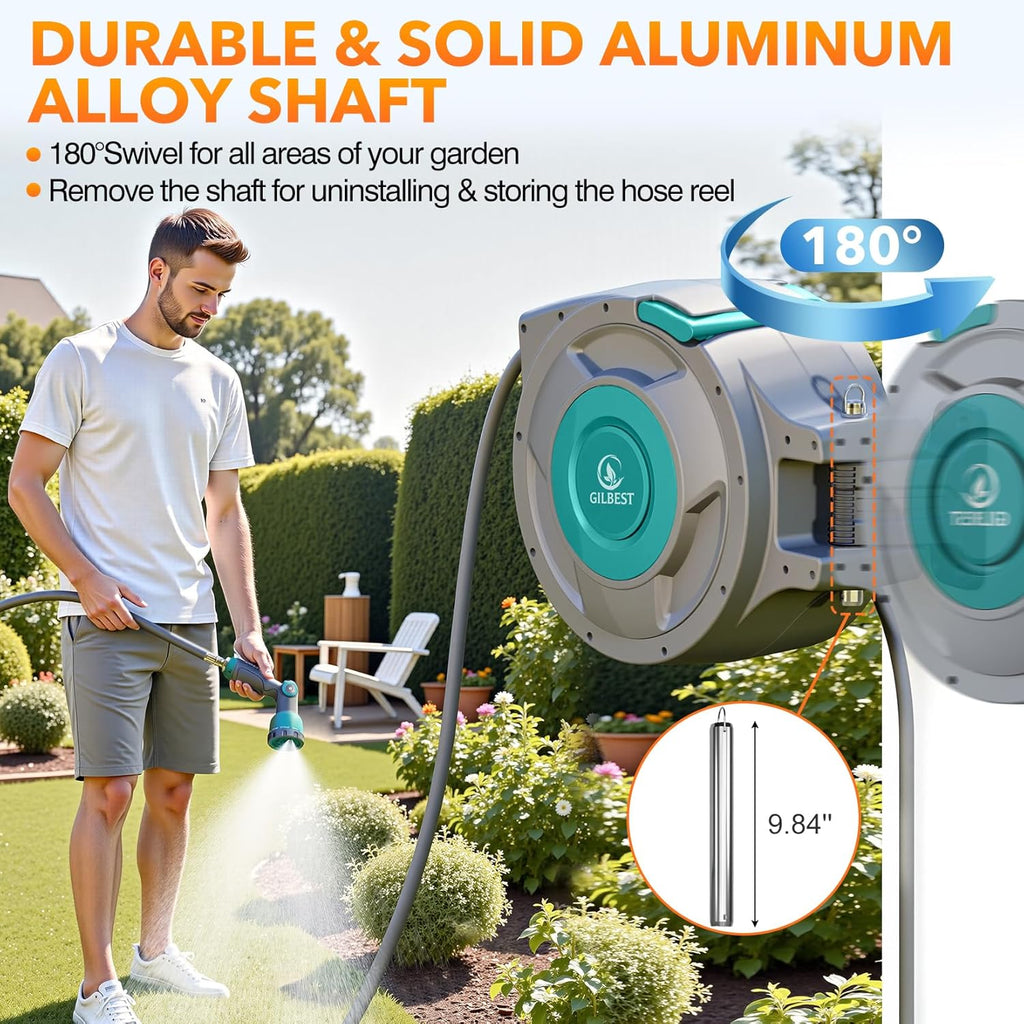 GILBEST Retractable Garden Hose Reel, 100 ft x 5/8 in, Green, 10-Function Nozzle