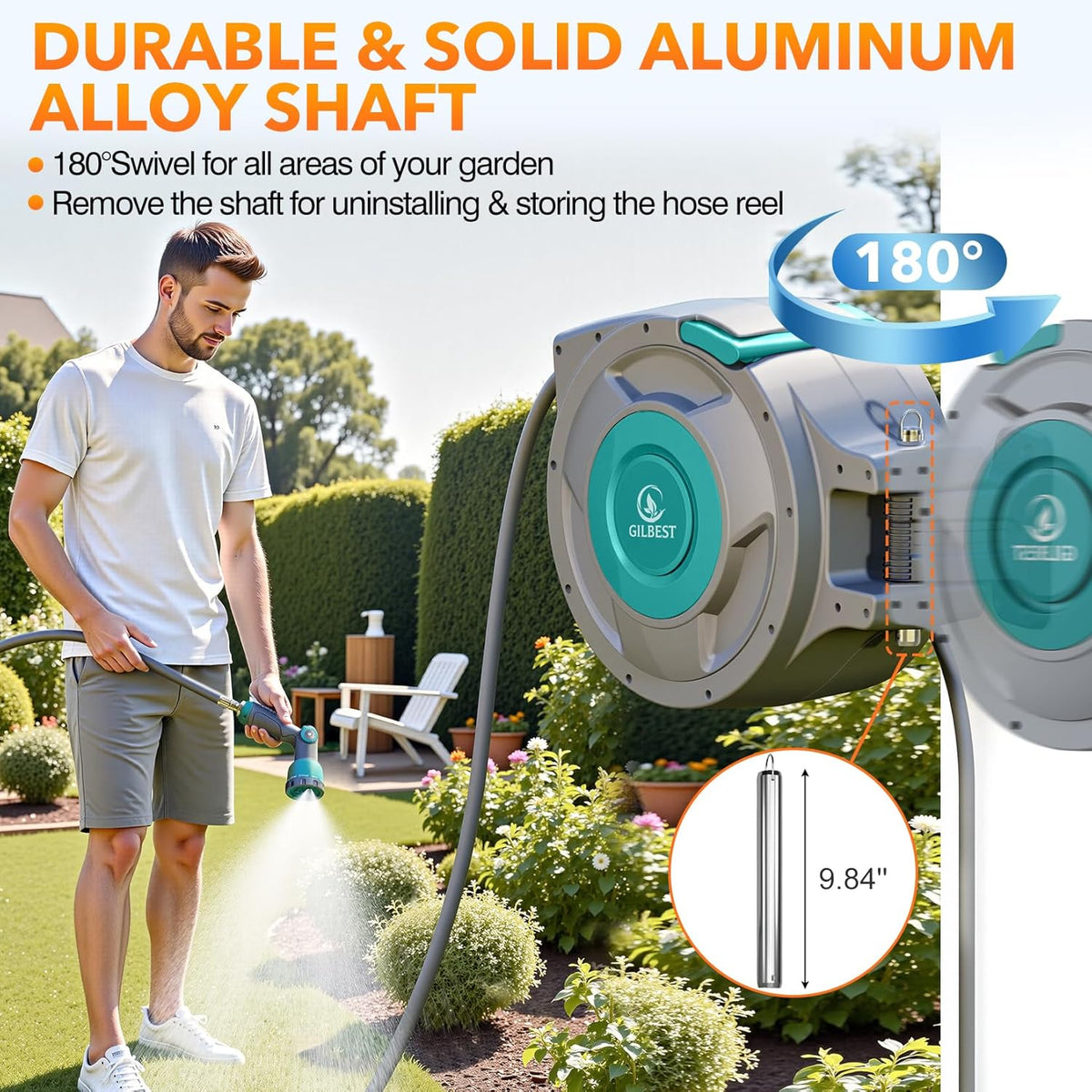 GILBEST Retractable Garden Hose Reel, 100 ft x 5/8 in, Green, 10-Function Nozzle