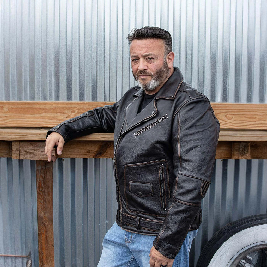 Men's Lapel Collar Leather Motorcycle Jacket - Brown