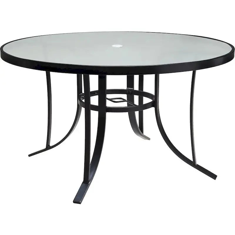 Hanover Lavallette 5-Piece Patio Dining Set With Ocean Blue Chairs, 52-Inch Round Glass Table, 9-Ft Umbrella And Base