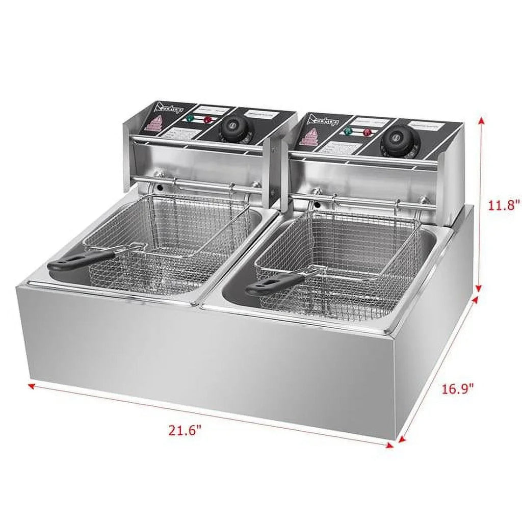 Stainless Steel Double-Cylinder Commercial Electric Deep Fryer, 12.7QT/12L, 5000W