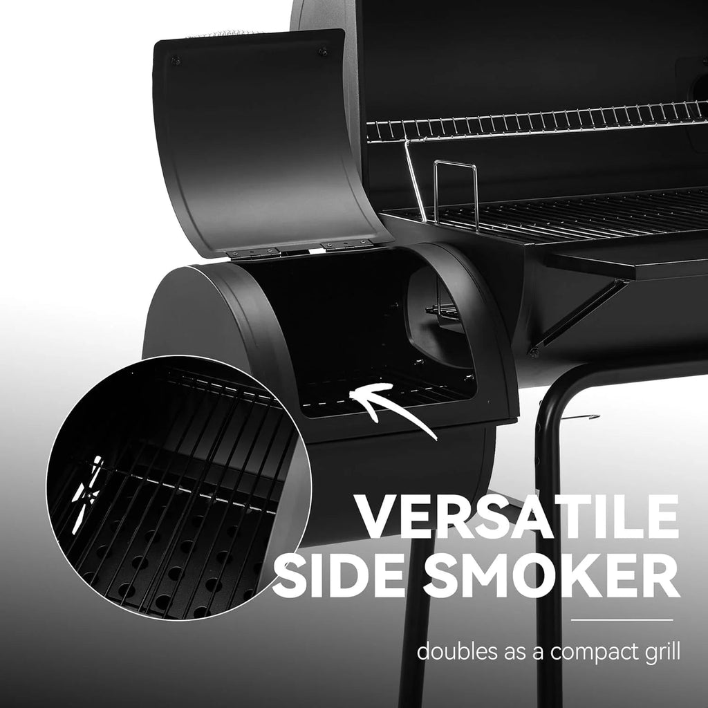 Charcoal Grill And Offset Smoker, 30in L, 800 Square Inch, Black