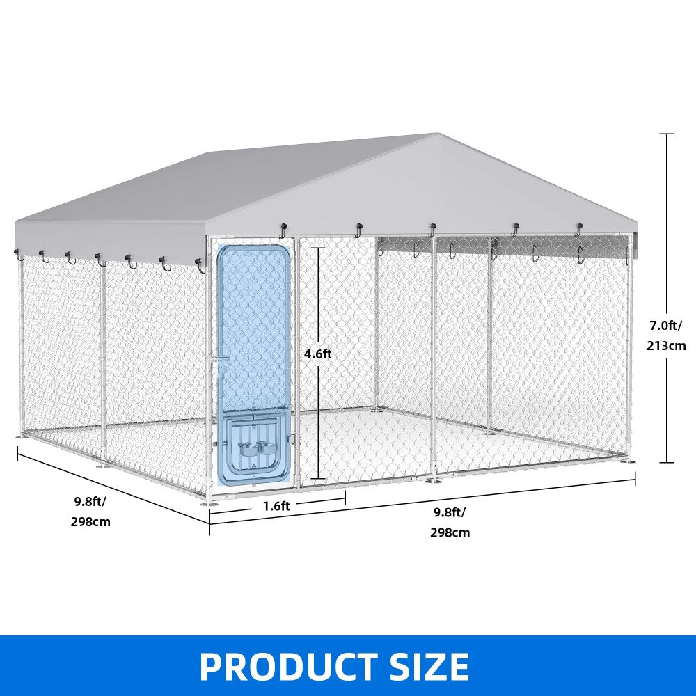 Dextrus Outdoor Dog Kennel Enclosure With Roof And Rotating Feeder Bowls, 10'x10', Silver
