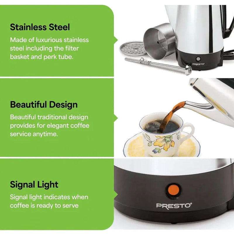 Presto Stainless Steel Percolator Coffee Maker, 2 To 12 Cups, Silver