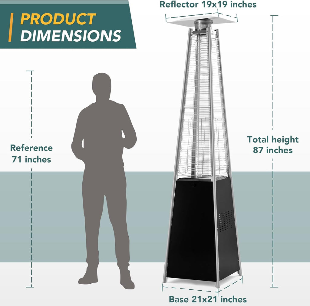 Pamapic Pyramid Flame Outdoor Patio Heater With Cover, 48 000 BTU, Quartz Glass Tube, 87 inch Propane Heater