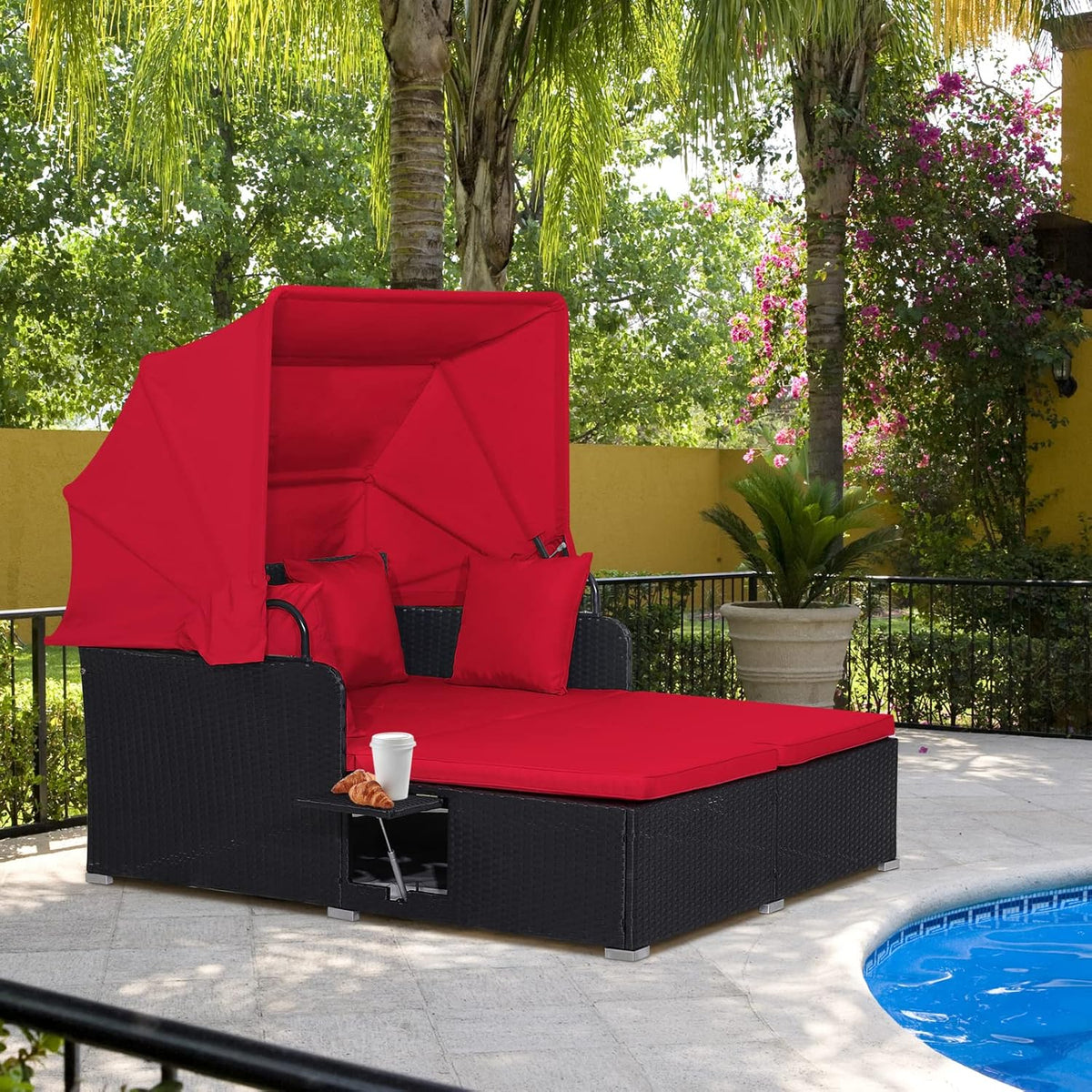 RELAX4LIFE Patio Daybed With Canopy, Cushions, 4 Pillows And 2 Side Trays, Turquoise - B0BYSN7GC7