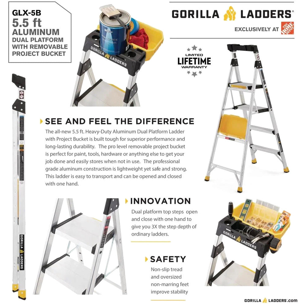 Gorilla Ladders Aluminum Dual Platform Ladder With Project Bucket, 5.5 Ft, 300 Lb Capacity