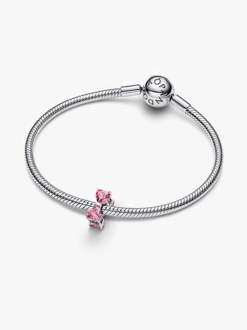 Pink Stone Bow Charm - Silver