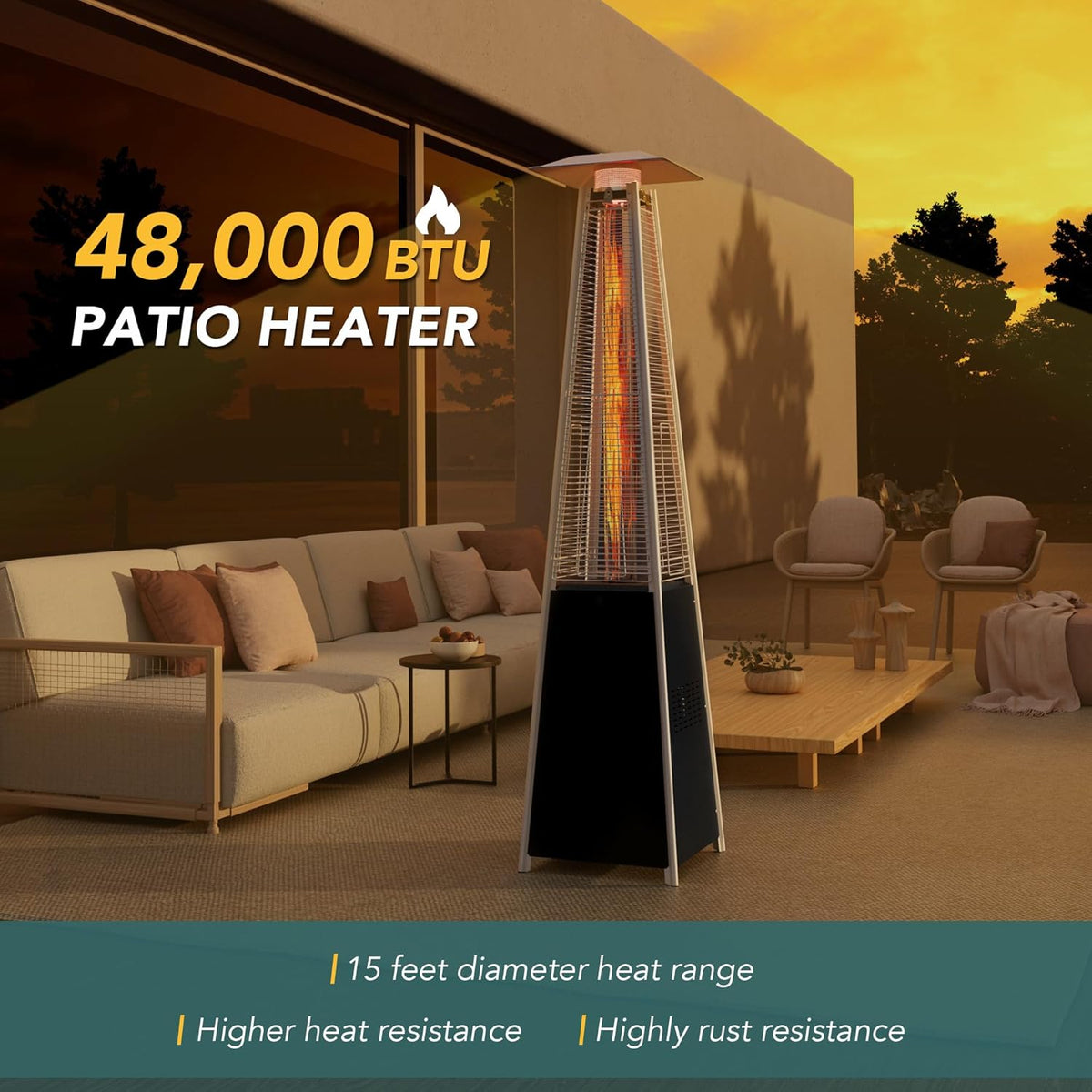 Pamapic Pyramid Flame Outdoor Patio Heater With Cover, 48 000 BTU, Quartz Glass Tube, 87 inch Propane Heater