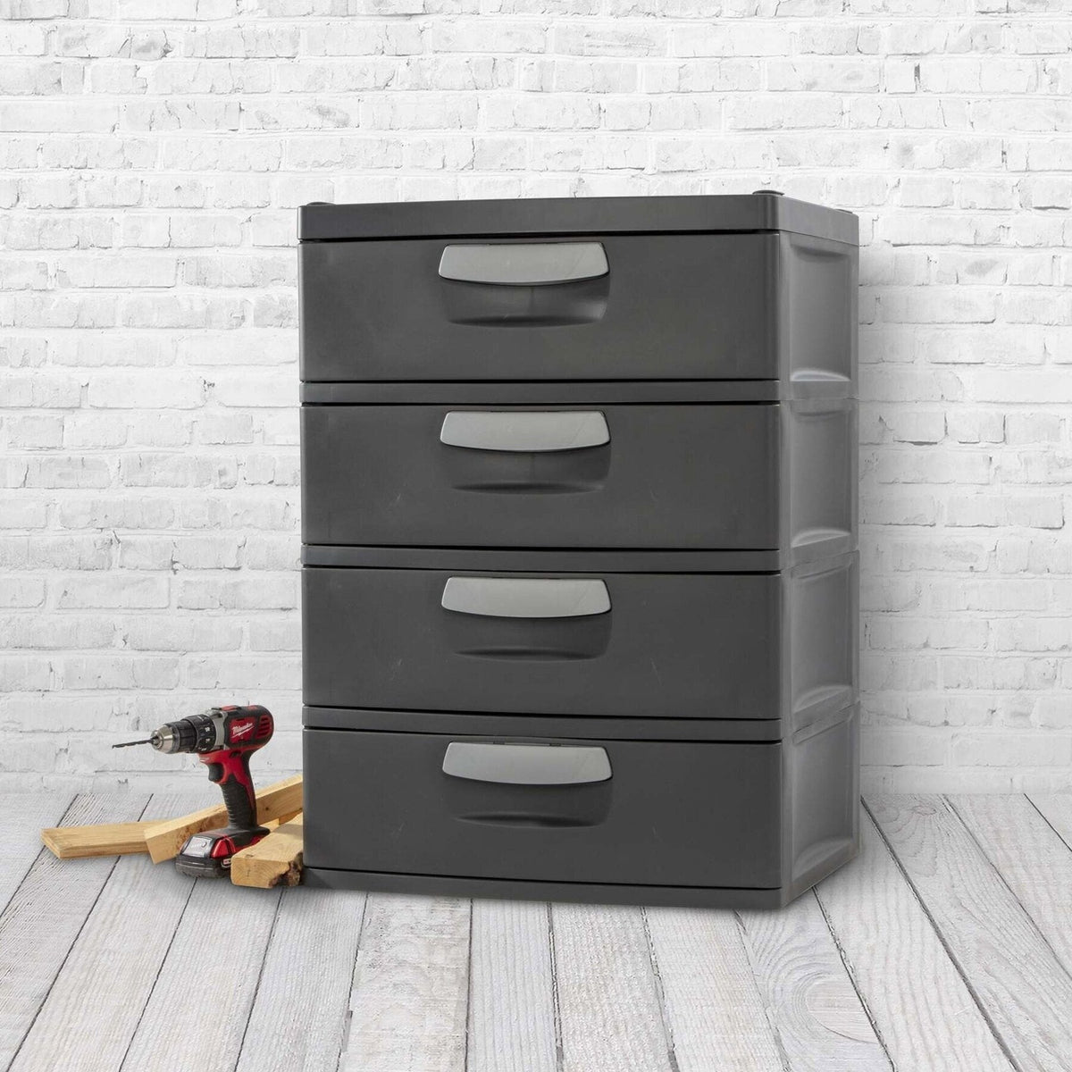 Sterilite Heavy-Duty 4 Drawer Plastic Storage Unit, Flat Gray