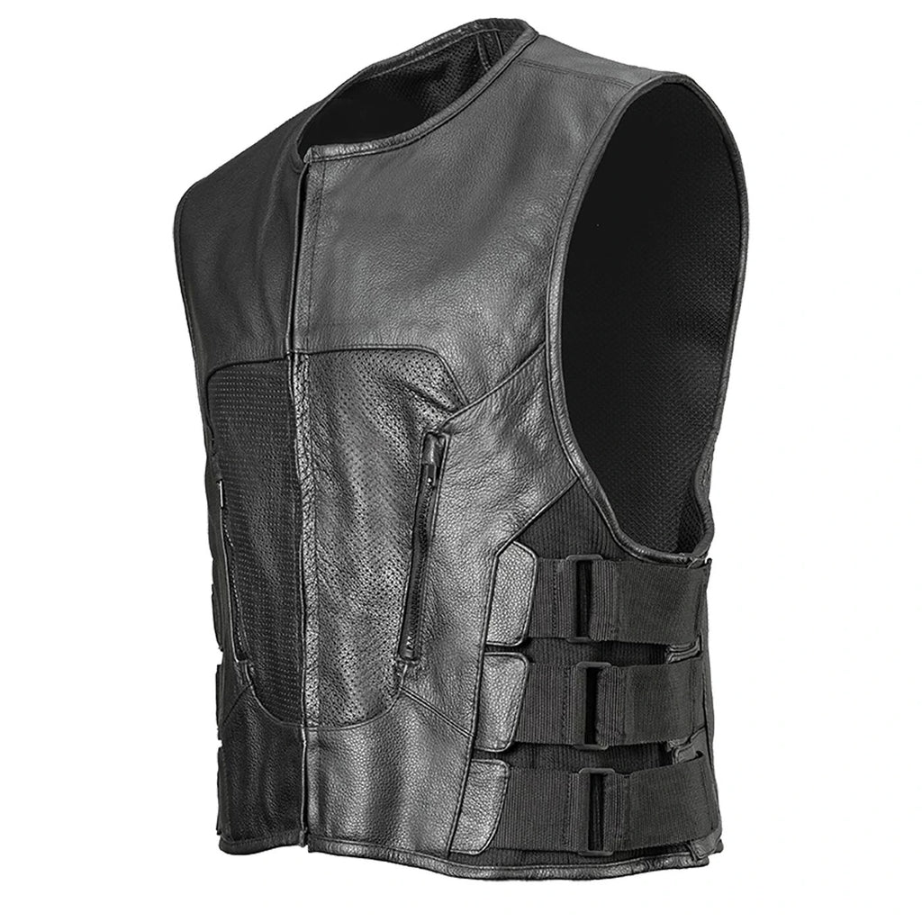 Men's Leather Motorcycle Vest - Black