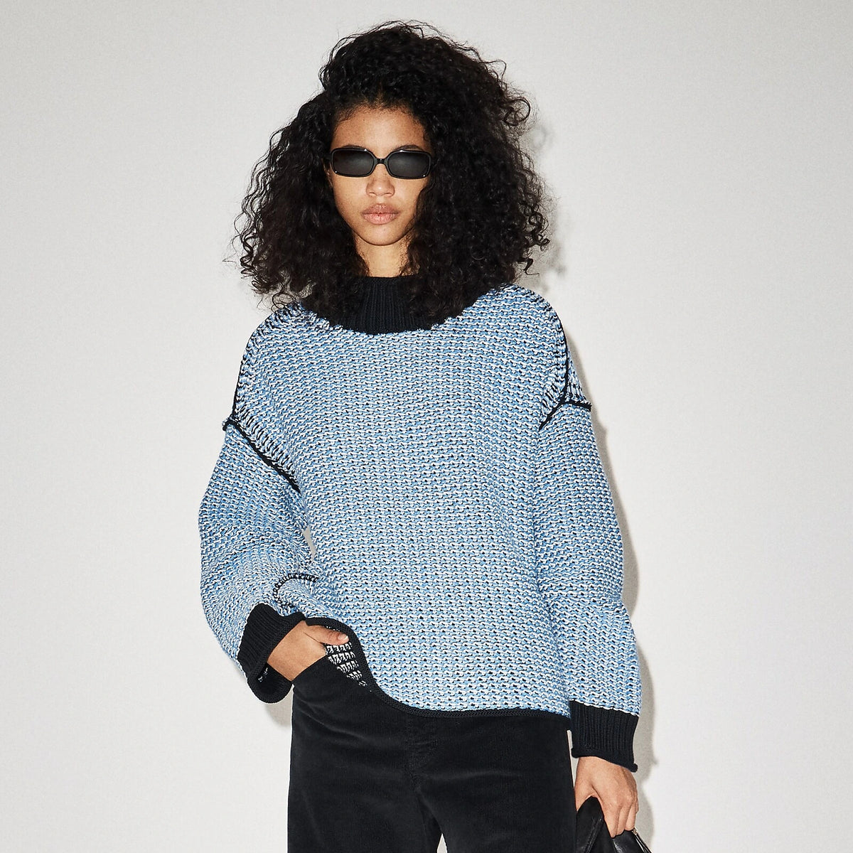 Reversible Cotton Tweed-Stitch Sweater - Blue