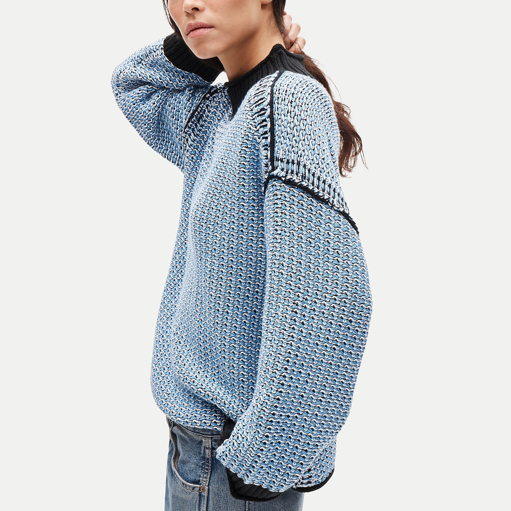 Reversible Cotton Tweed-Stitch Sweater - Blue