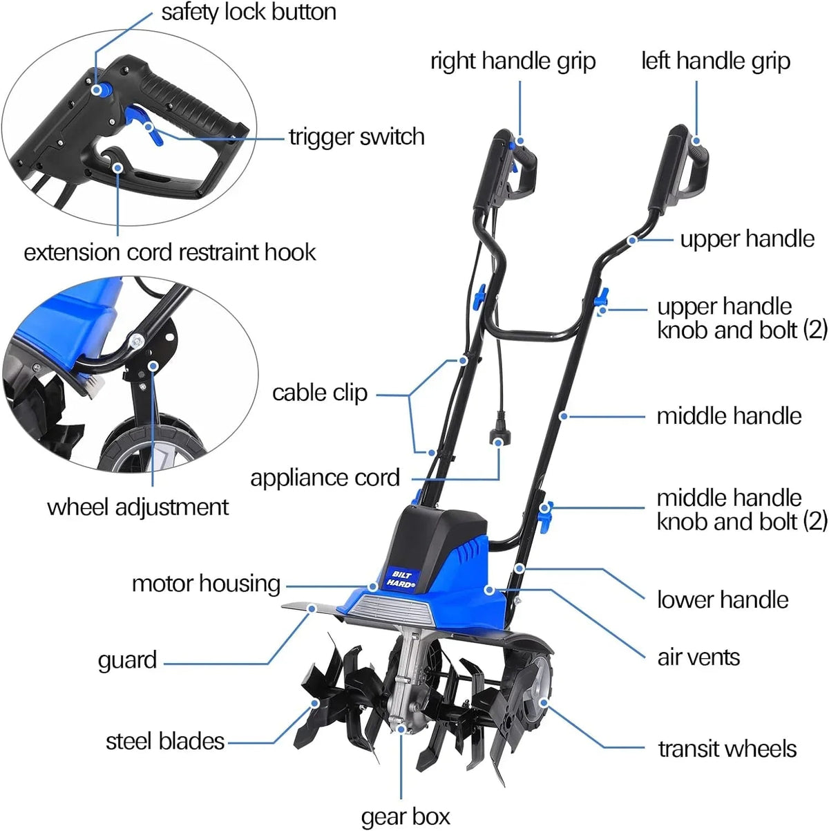 BILT HARD Electric Garden Tiller Cultivator 16 inch 13.5 Amp 6 Steel Tines
