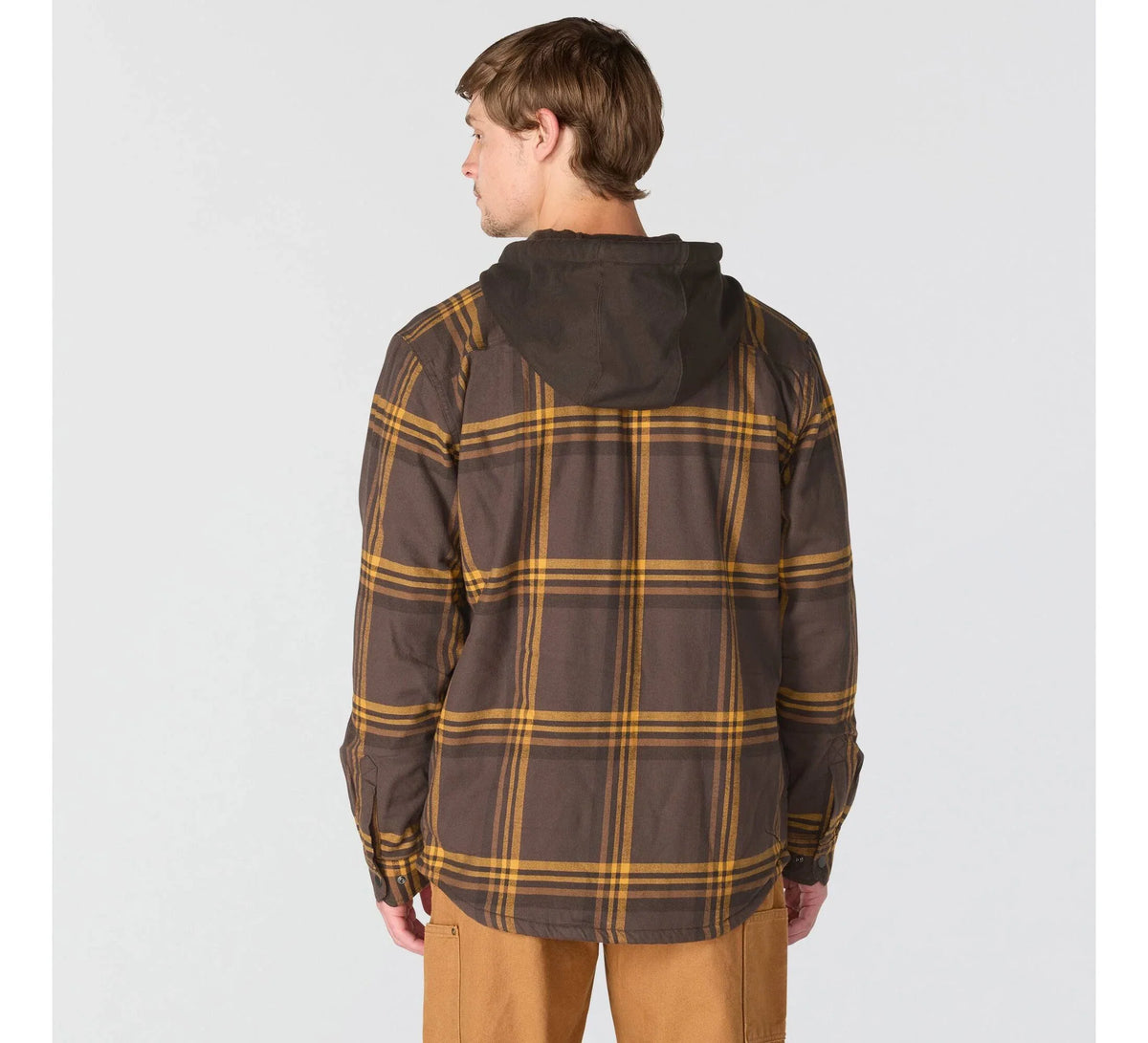 Men's Hooded Fleece-Lined Plaid Shirt Jacket - Brown