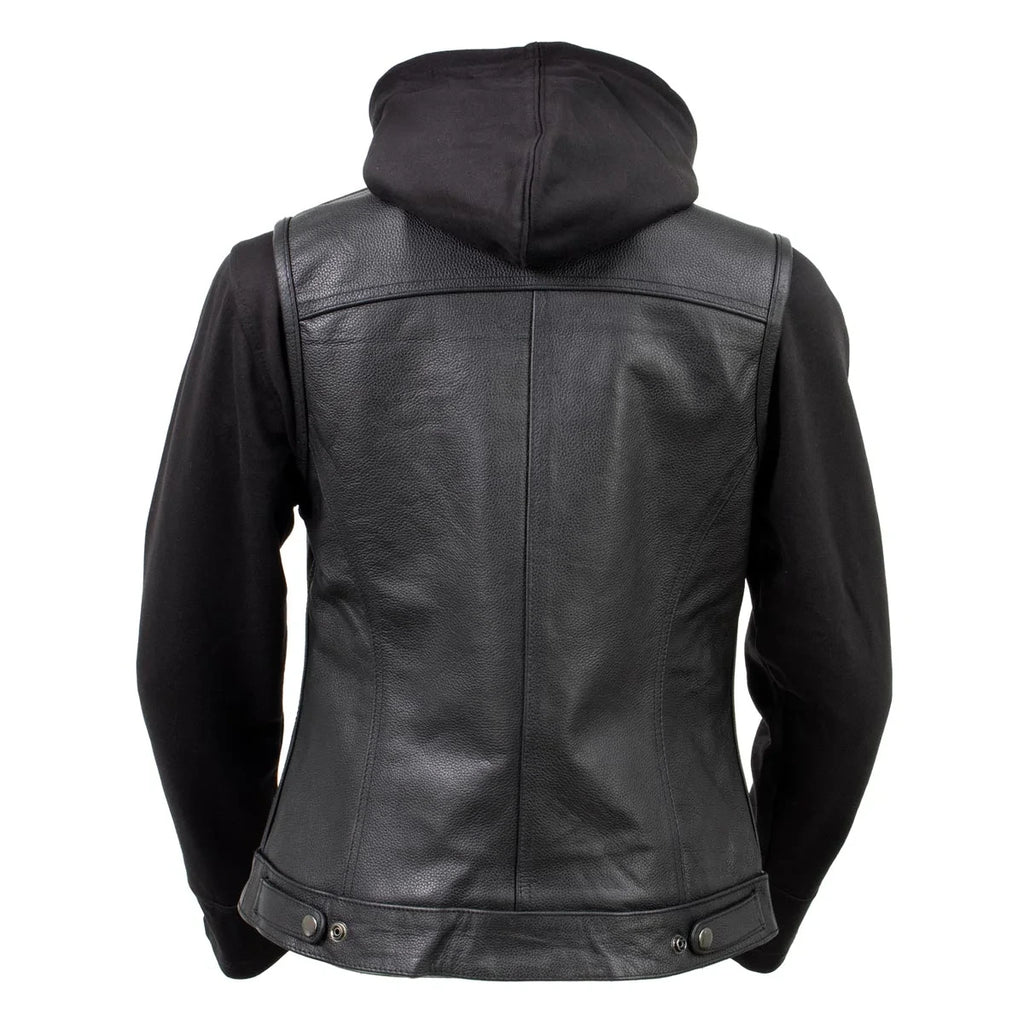 Women's Leather Convertible Hoodie Vest - Black
