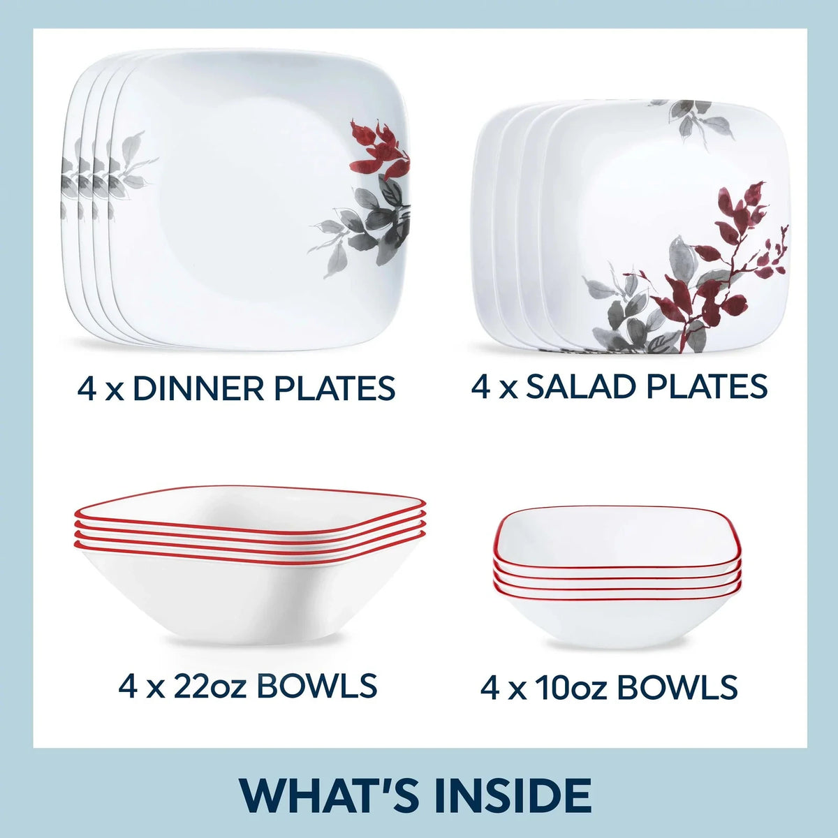 16-Piece Square Glass Dinnerware Set - Leaf Pattern