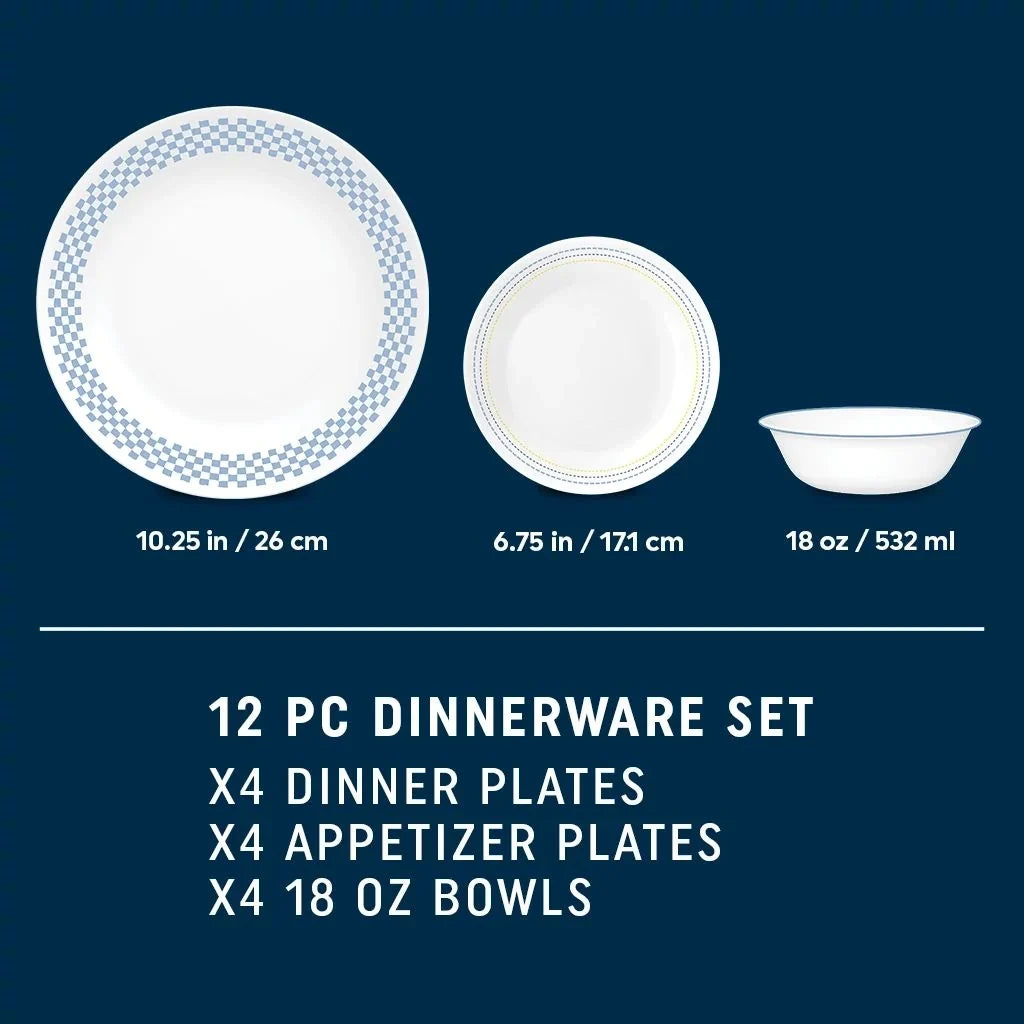 12-Piece Blue Checkered Dinnerware Set