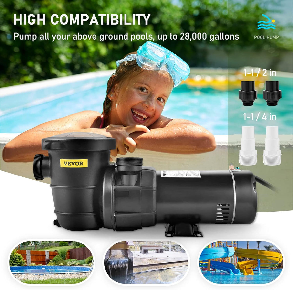 VEVOR Above-Ground Pool Pump 1.5 HP 115 V 1100 W Single-Speed 5280 GPH - ETL
