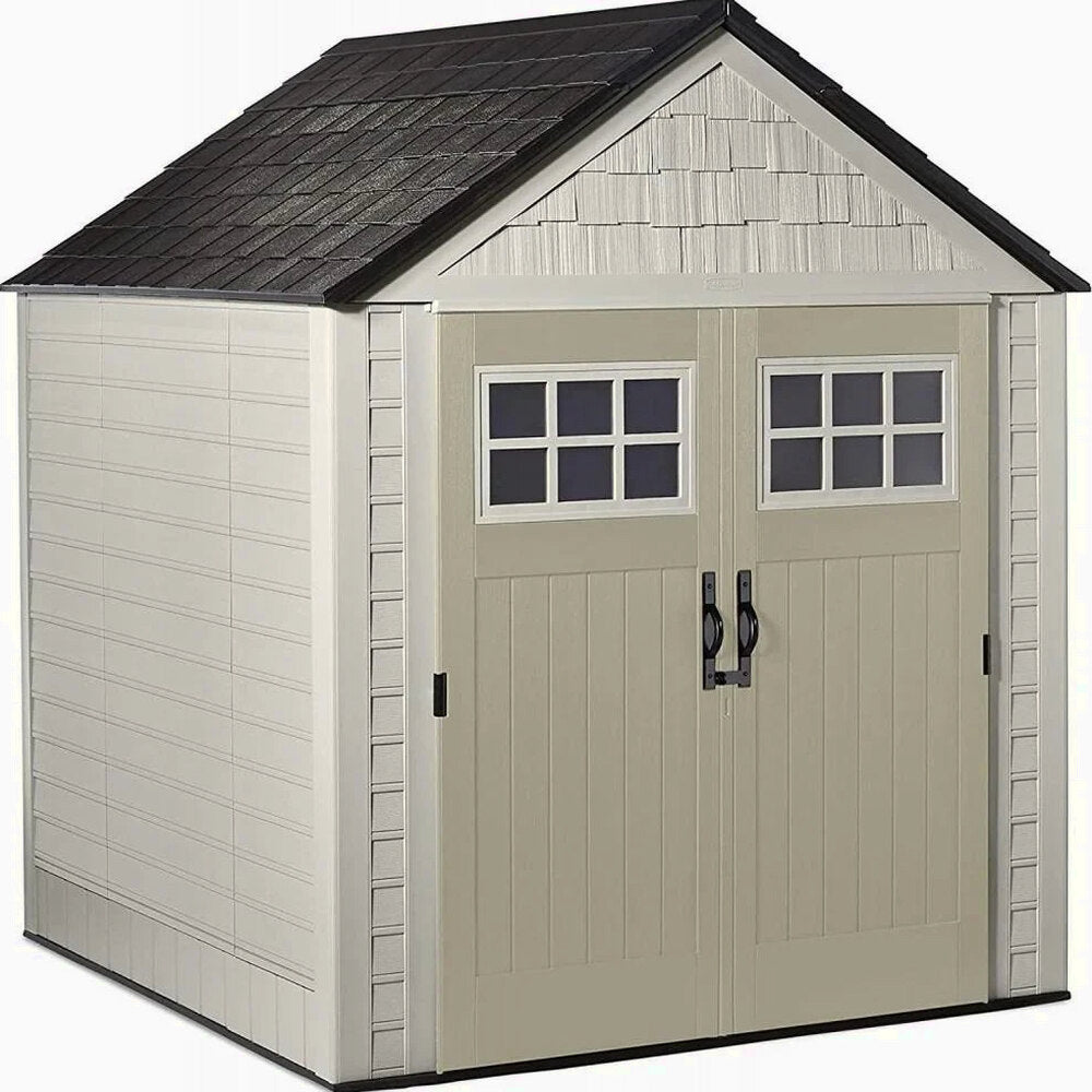 Rubbermaid Resin Outdoor Garden Storage Shed With Windows And Utility Hooks, Sand - 7x7 Ft