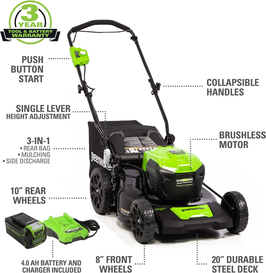 Greenworks 40V 20in Cordless Push Lawn Mower Bundle With 500 CFM Blower, 12in String Trimmer, 5Ah And 2Ah Batteries
