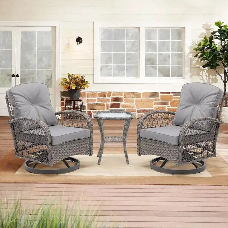 3-Piece Outdoor Swivel Rocker Conversation Set With Tempered Glass Coffee Table