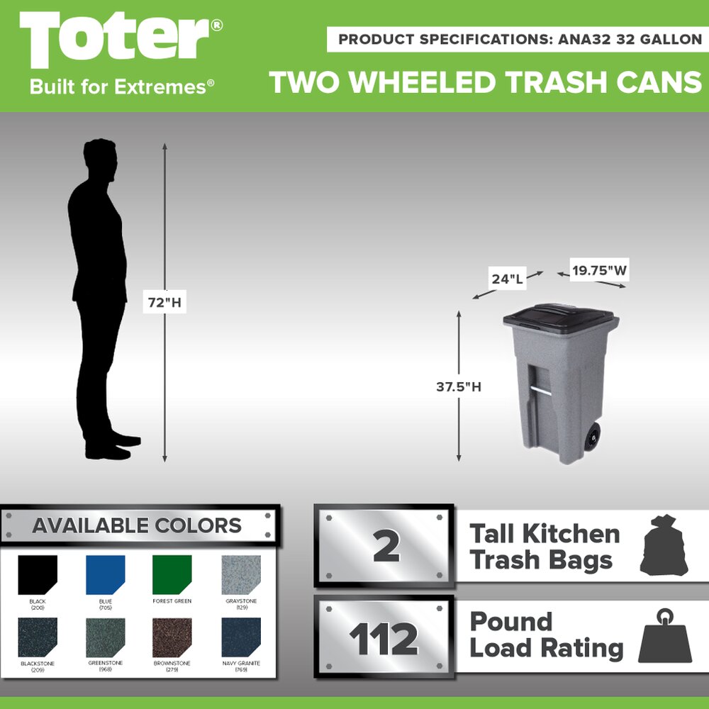Toter 32 Gallon Greenstone Trash Can With Quiet Wheels And Attached Lid, 24.25 in D x 19.75 in W x 37.5 in H - ANA32-55410
