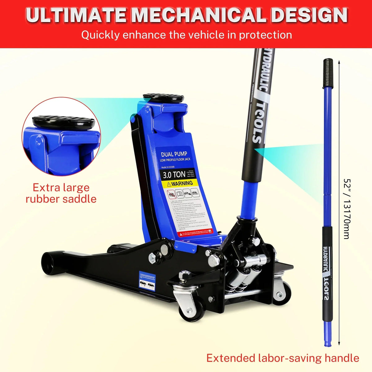 Seizeen Low Profile Floor Jack, 3 Ton (6600 lbs), 3.3 in-19.7 in Lift Range, 52 in Extended Handle