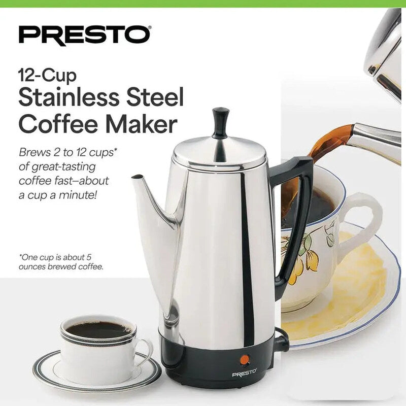 Presto Stainless Steel Percolator Coffee Maker, 2 To 12 Cups, Silver