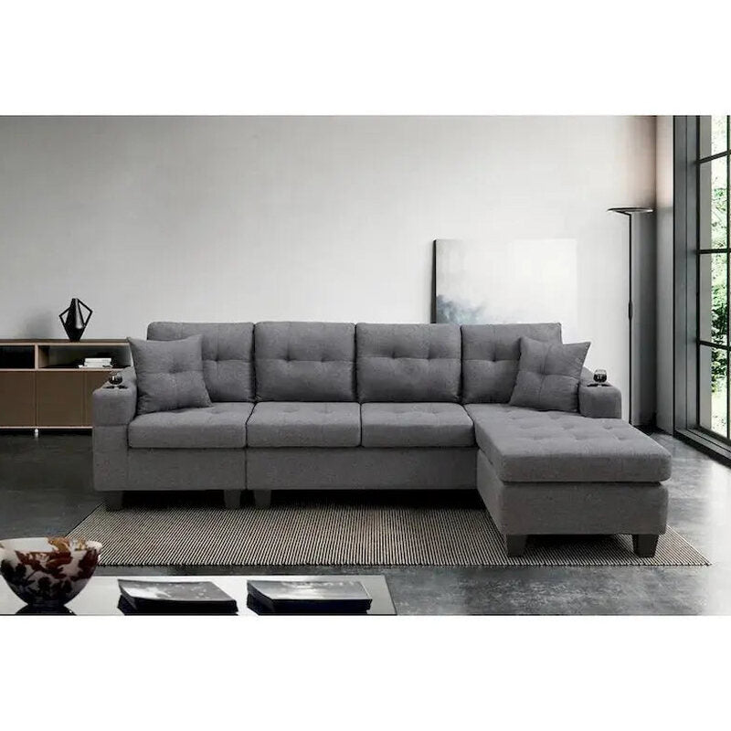 Contemporary L-Shaped Sectional Sofa With Cup Holders, Storage Chaise, Grey Or Black