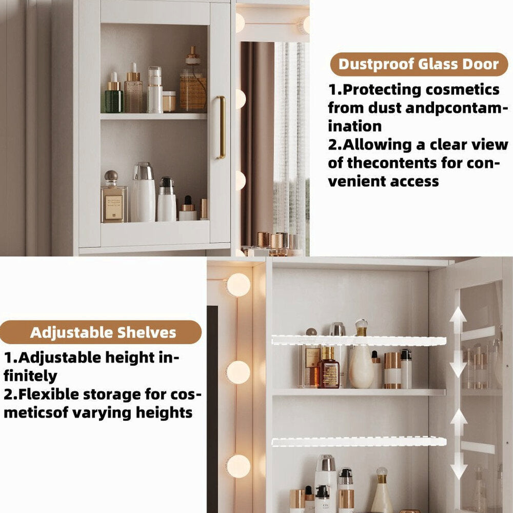 UGTOO LED Makeup Vanity Desk With Mirror, 58.27in, 10 Adjustable LED Bulbs, 8 Drawers, 2 Cabinets, White