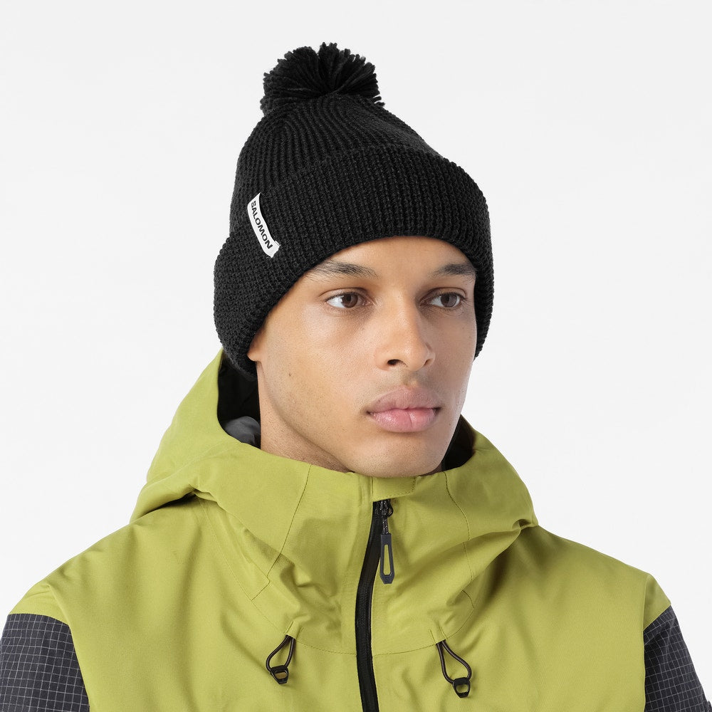 Waffle Knit Pom Beanie - Black