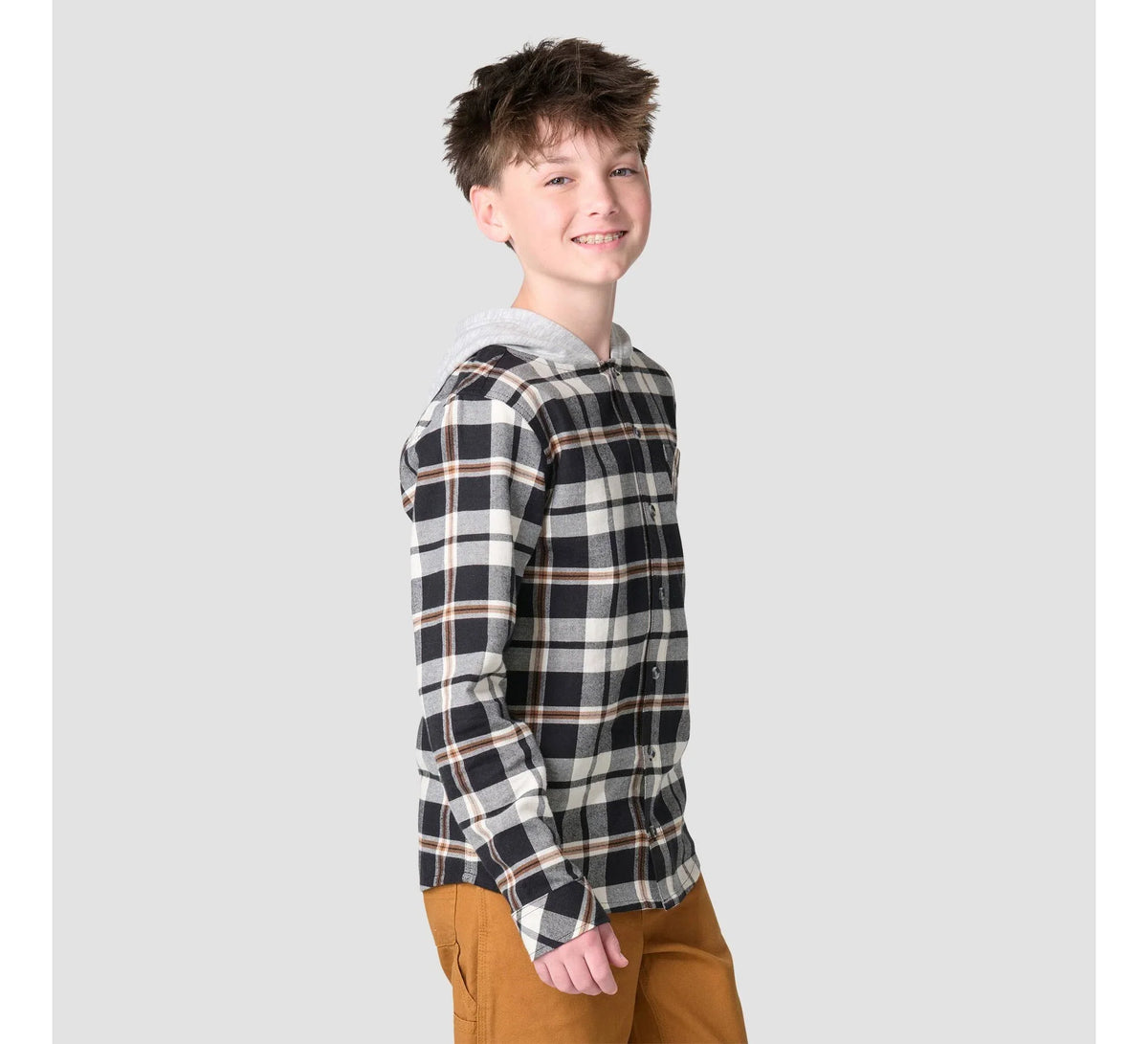 Boys' Plaid Flannel Hooded Shirt - Black