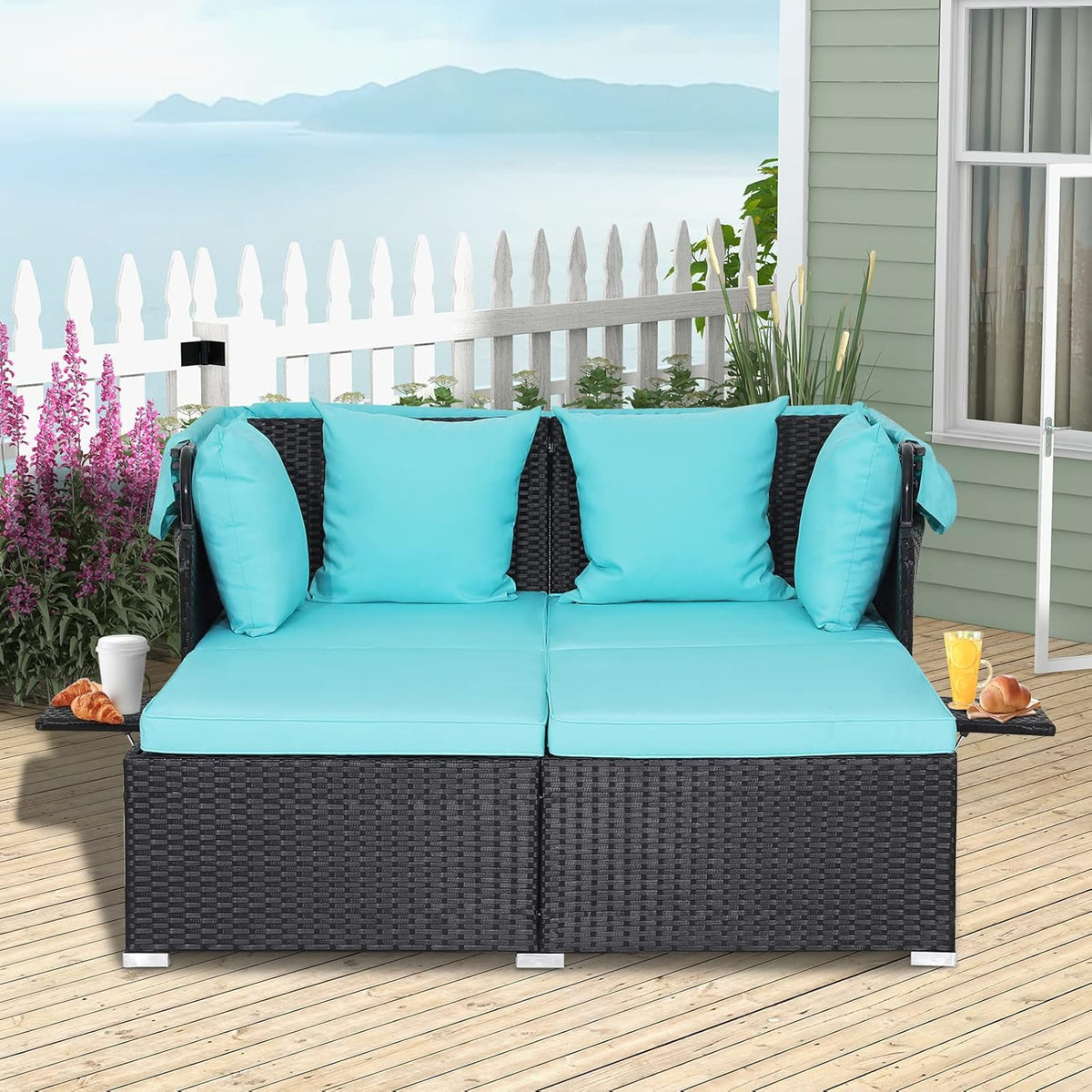 RELAX4LIFE Patio Daybed With Canopy, Cushions, 4 Pillows And 2 Side Trays, Turquoise - B0BYSN7GC7