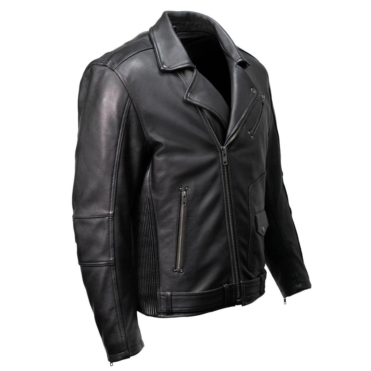 Men's Lapel Collar Leather Motorcycle Jacket - Black