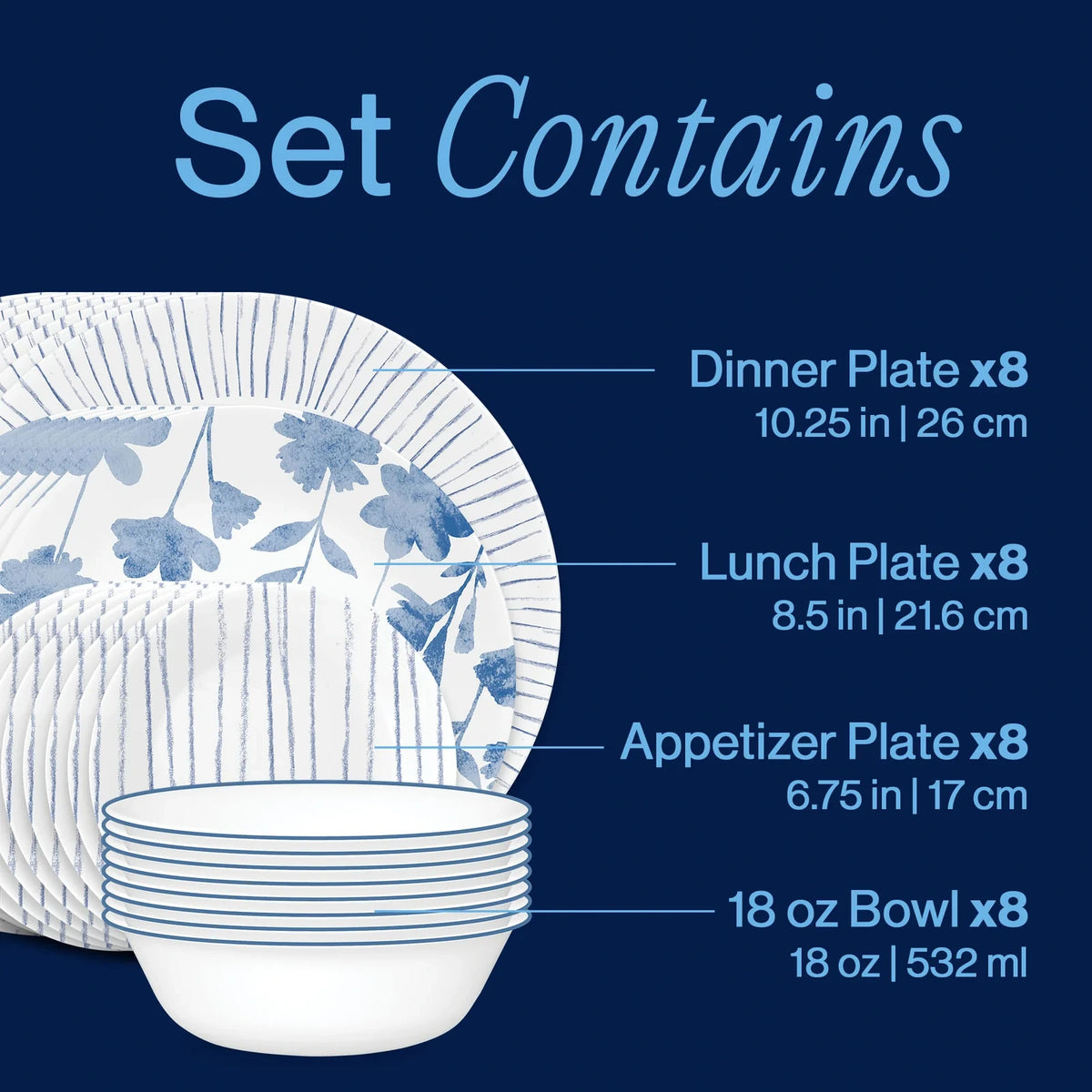 32-Piece Glass Dinnerware Set - Blue Floral Stripe