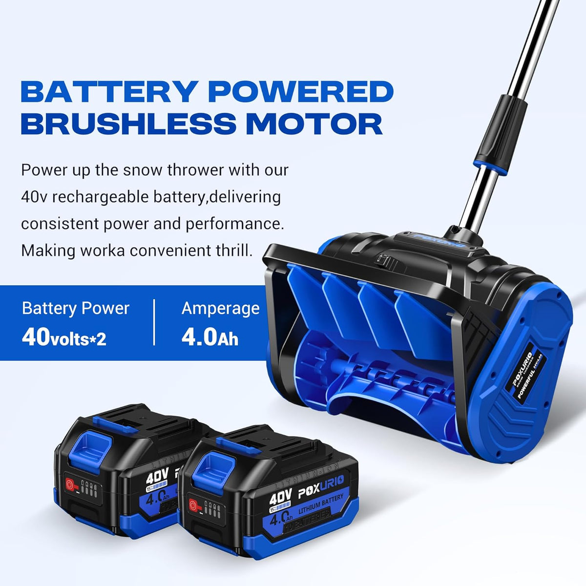 POXURIO 40V Cordless Snow Shovel, 13 Inch Width, 6 Inch Depth, 2 x 4.0Ah Batteries