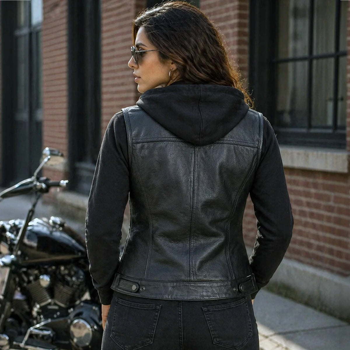 Women's Leather Convertible Hoodie Vest - Black