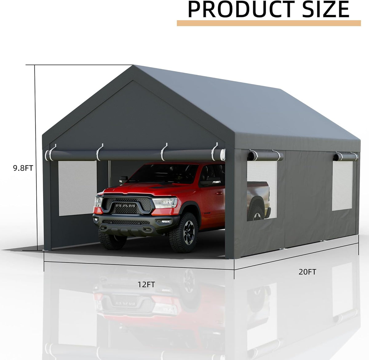 JY QAQA Heavy Duty Carport 12x20 FT With Removable Side Walls And Doors, Grey