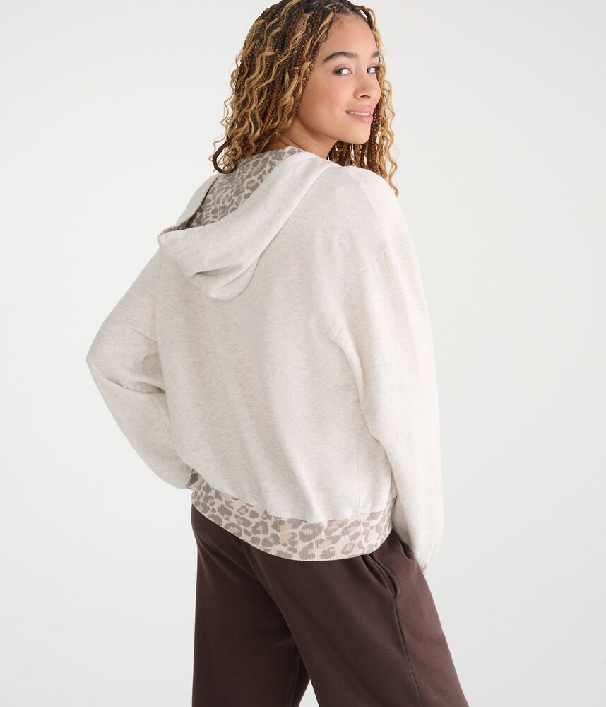 Oversized Leopard-Trim Full-Zip Fleece Hoodie