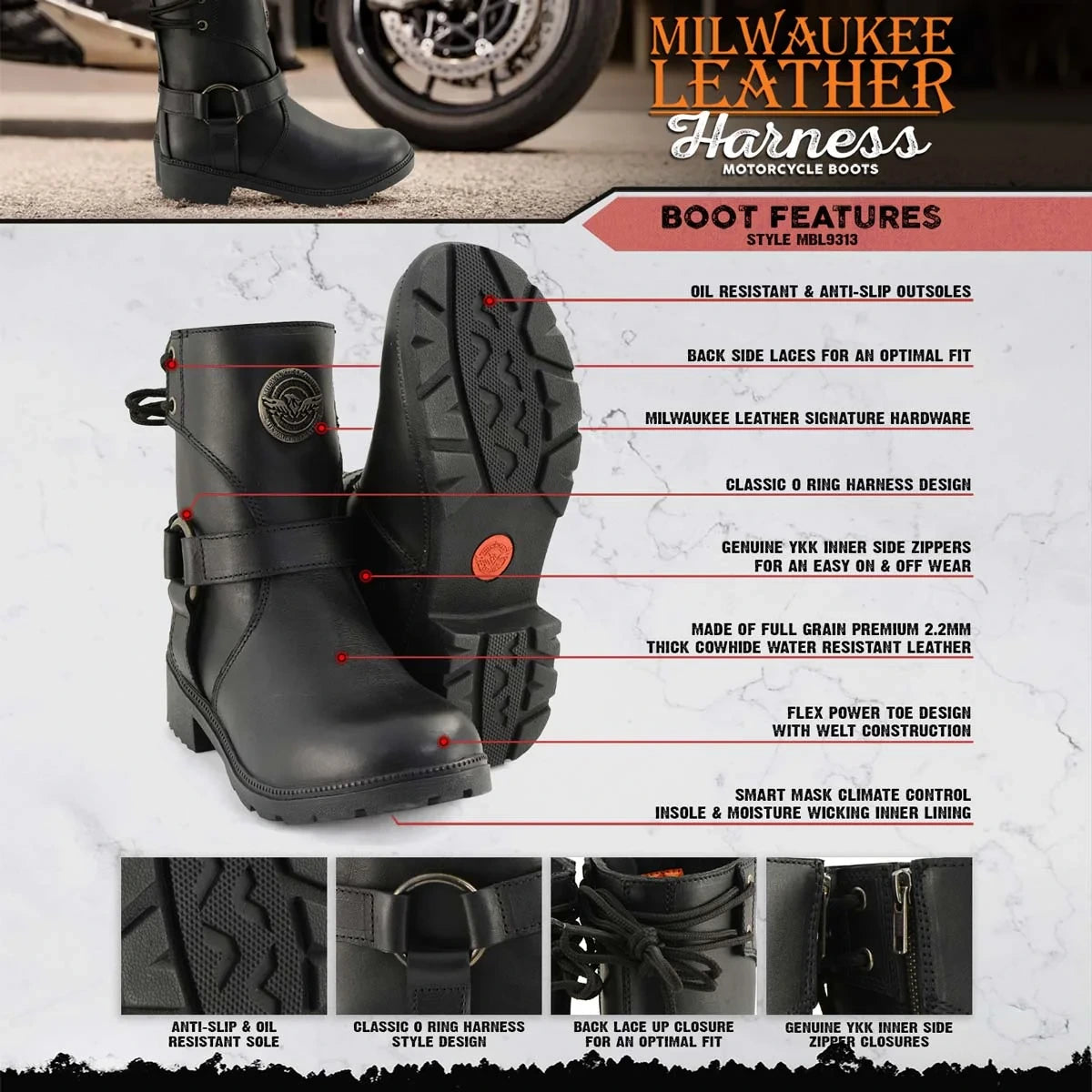 Women's Harness Motorcycle Boots - Black